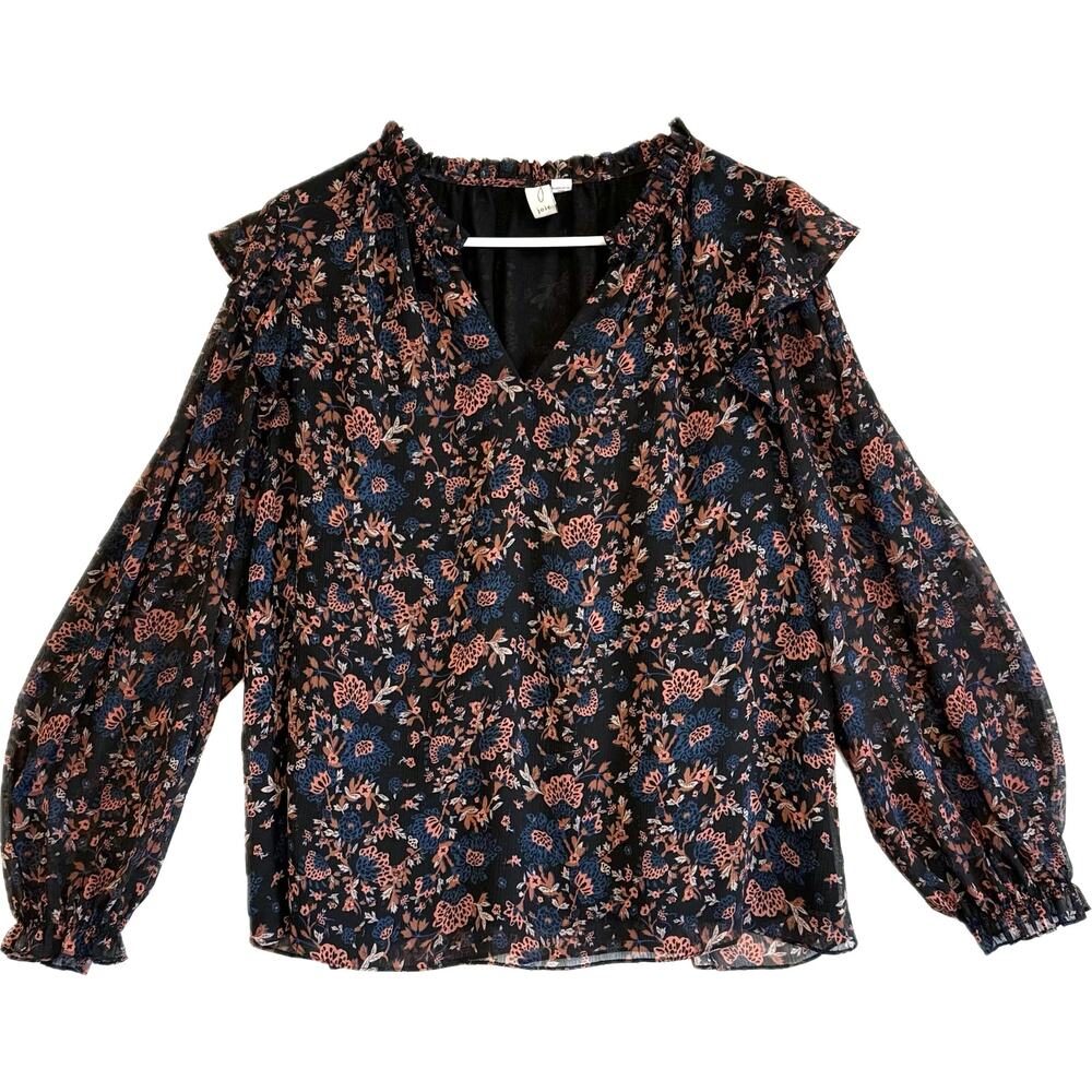 JOIE Sheer Sparkle Floral Peasant Blouse Women's Size L Black Orange Blue